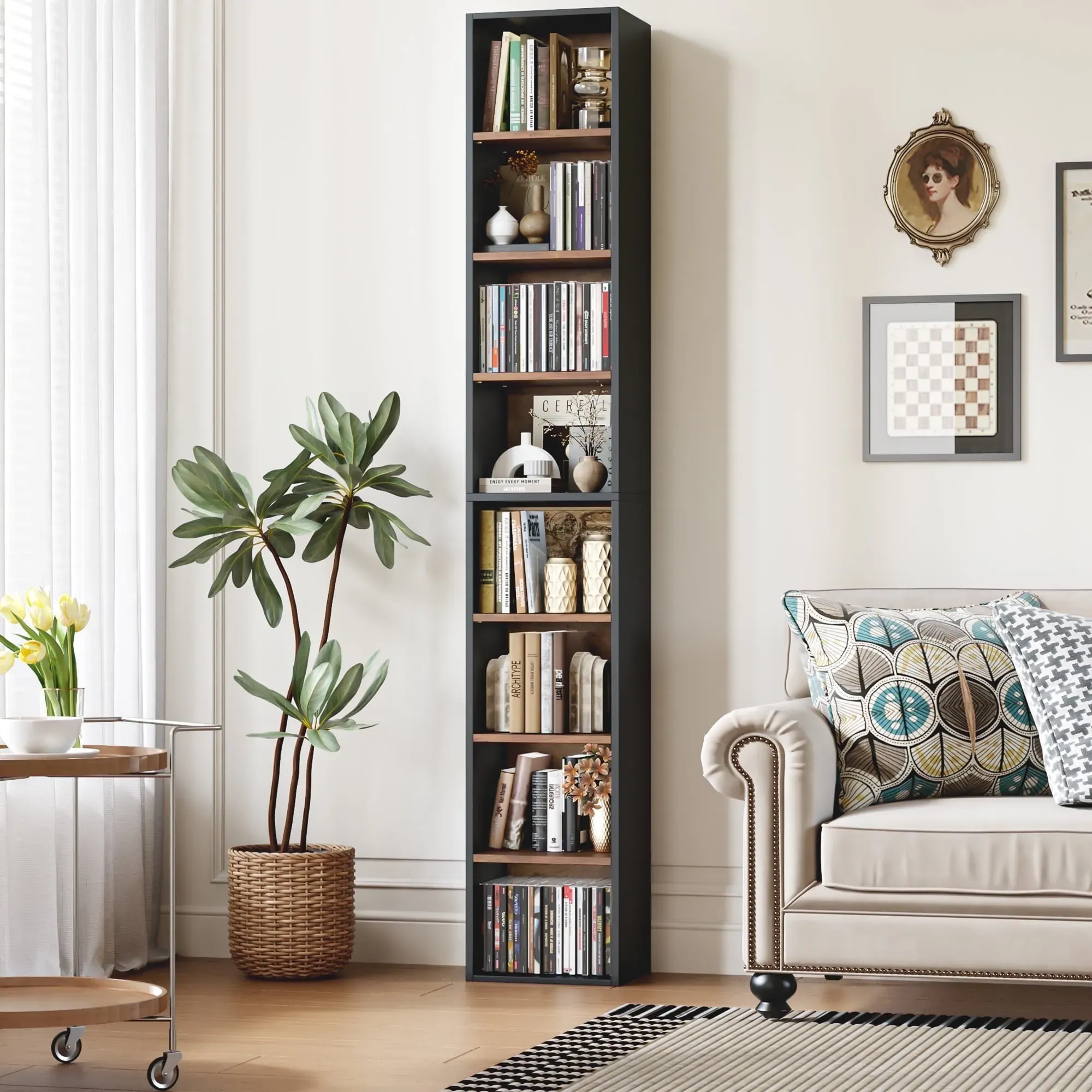 8-Tier Media Tower with 4 Adjustable Shelves, Black and Vintage Oak