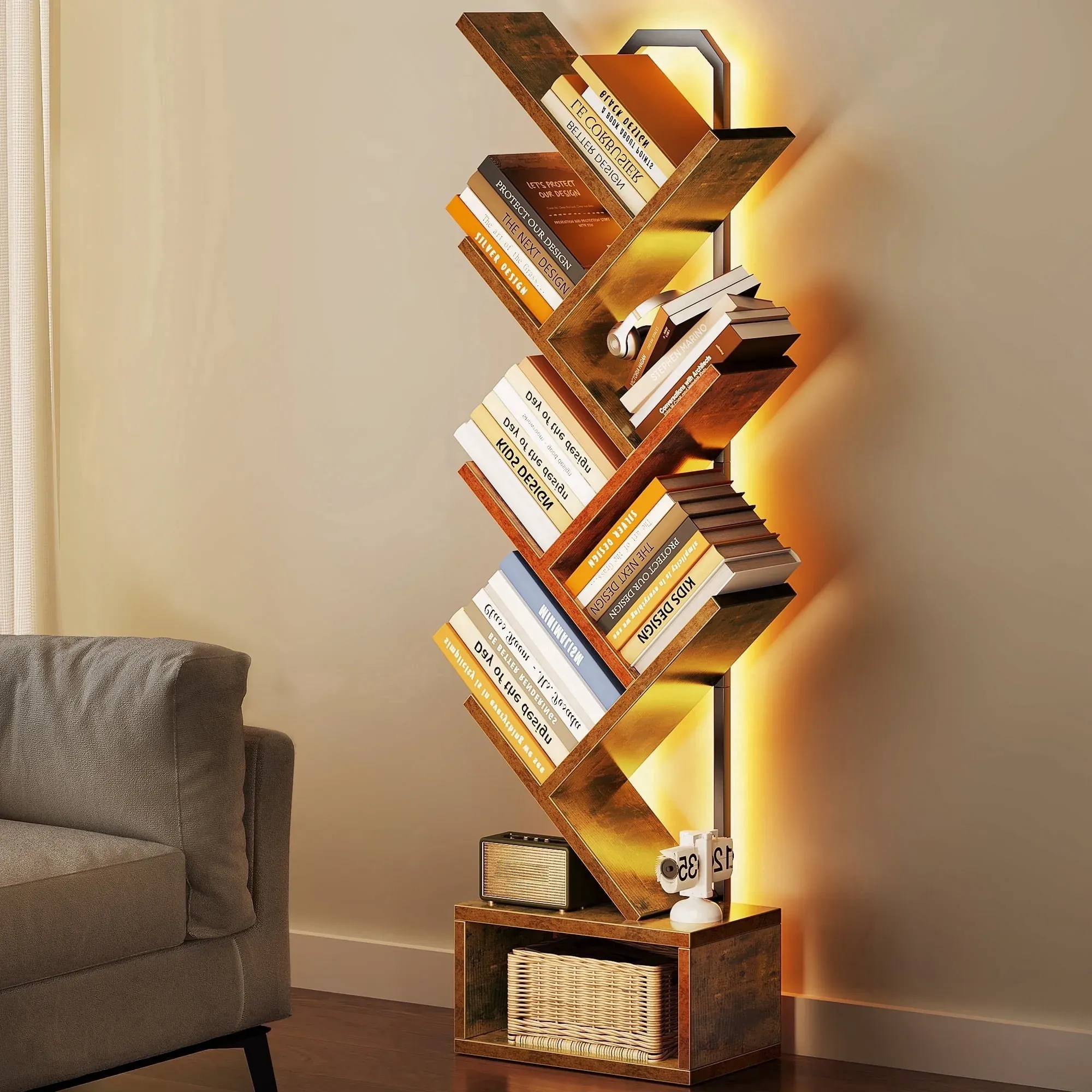 6-Tier Tree Bookshelf with LED Lights, Vintage Finish (2-Pack)