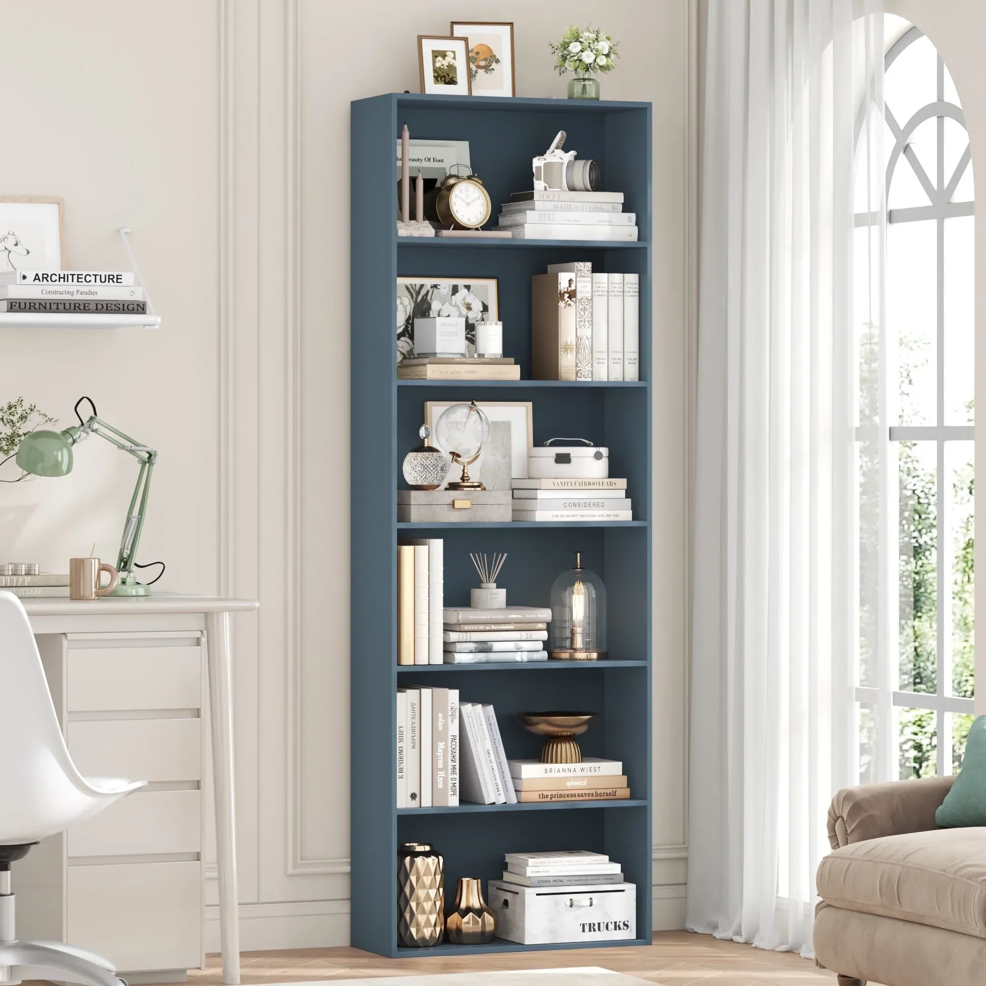 6-Tier Tall Bookshelf, 71-Inch Wooden Bookcase in Blue